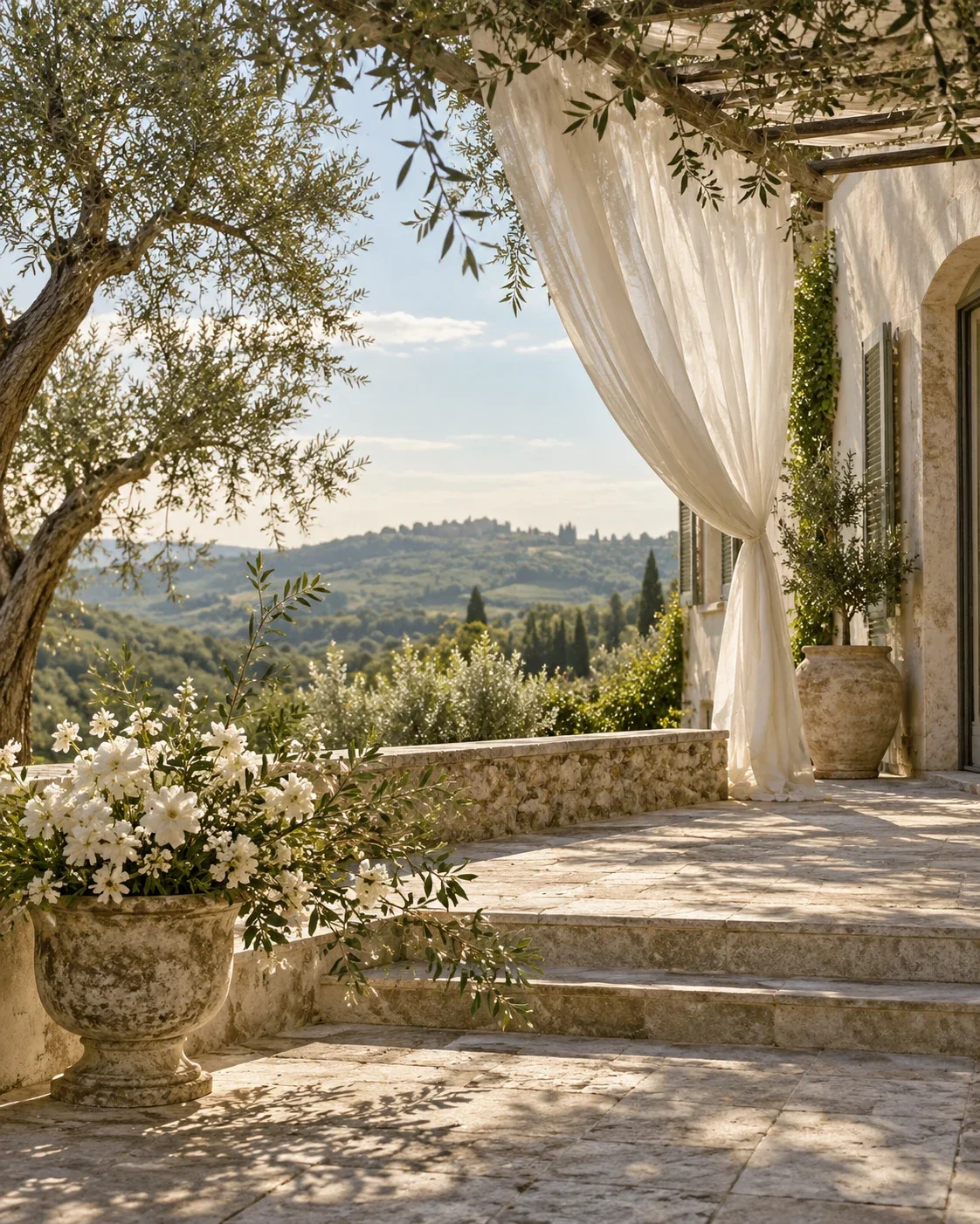 Imagined Tuscan garden terrace with white drapery and olive trees